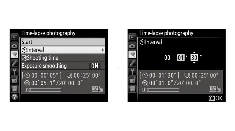 Nikon D3500 timelapse settings