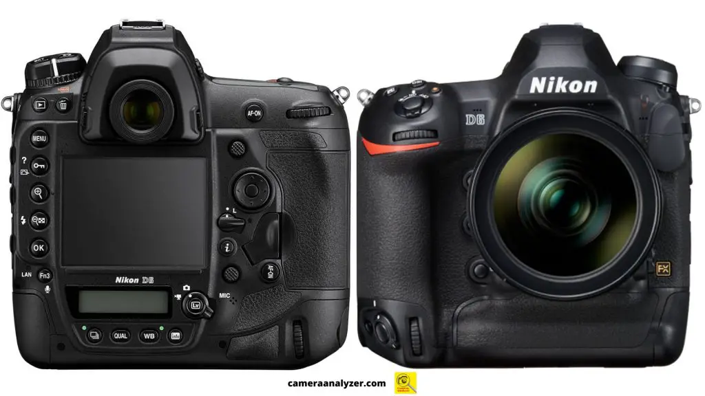 Nikon D6 front and back photo with weight and dimensions